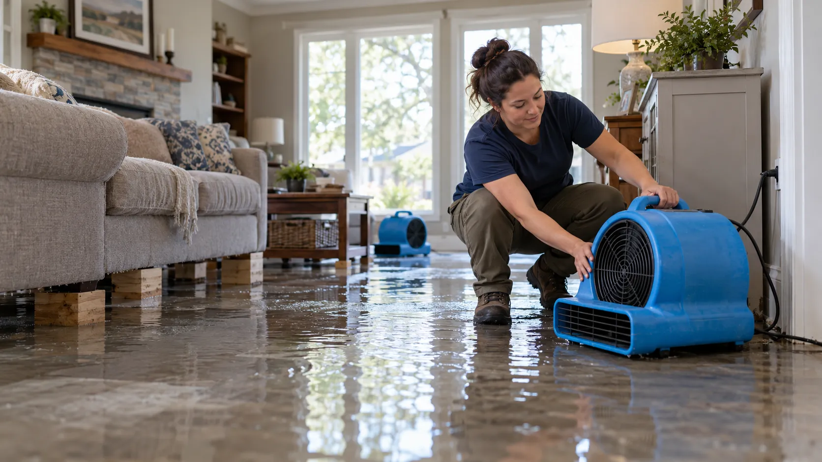 Water damage restoration technician drying a flooded living room in Toms River